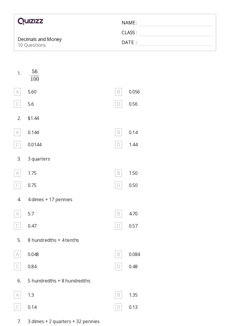 Decimals and Money - Printable Decimal-numbers Worksheets Grade 3 - Quizizz