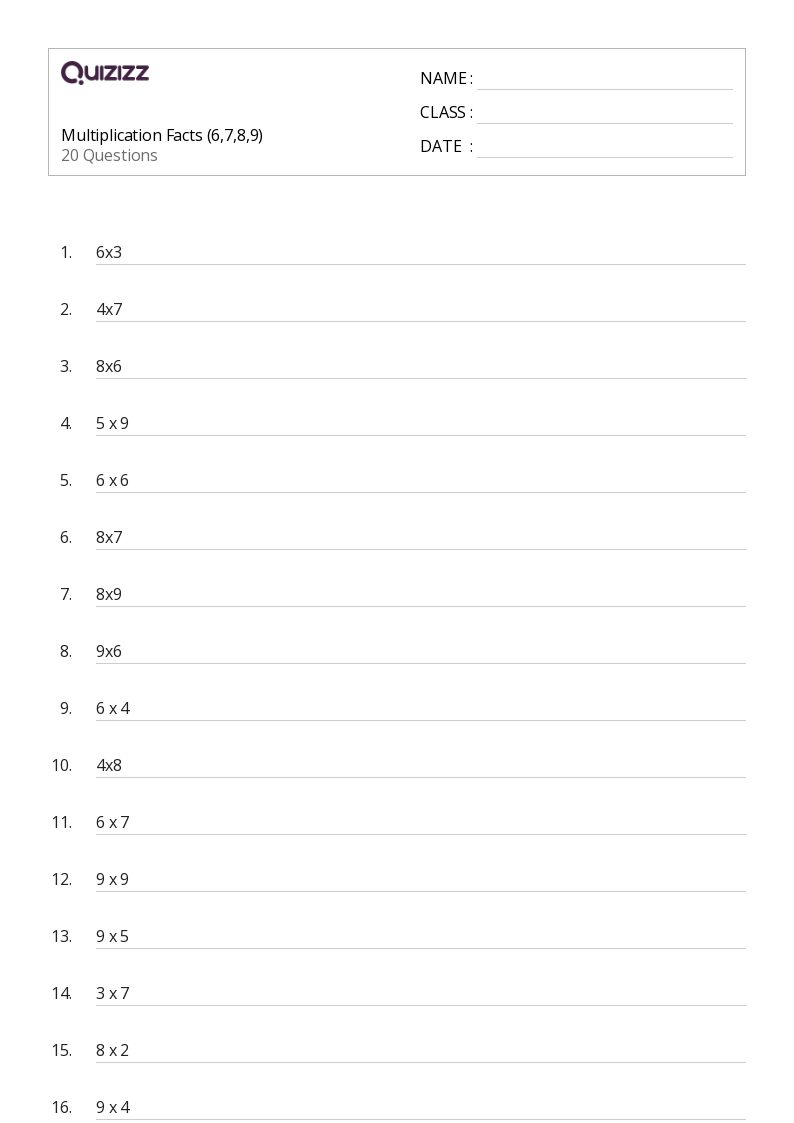 Multiplication Facts (6,7,8,9) - Printable Multiplication Worksheets Grade 8 - Quizizz
