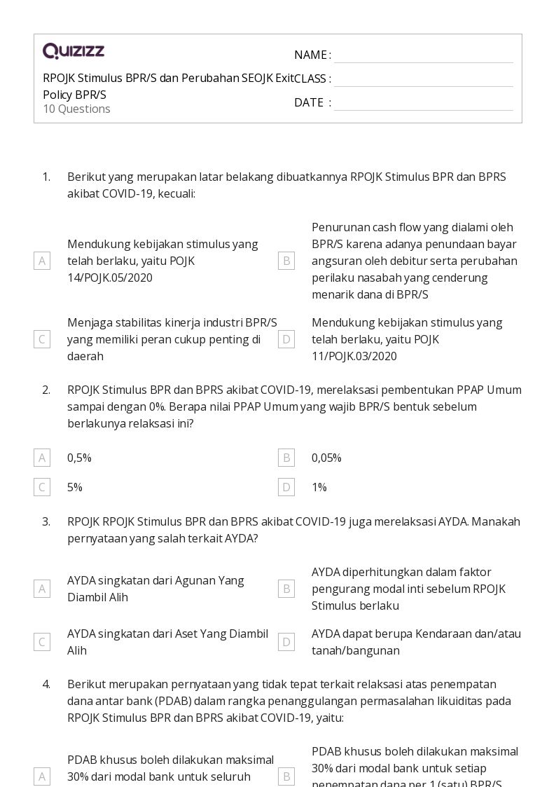 RPOJK Stimulus BPR/S dan Perubahan SEOJK Exit Policy BPR/S - Dapat dicetak Persen-rasio-dan-tarif Lembar-kerja Kelas 5 - Quizizz