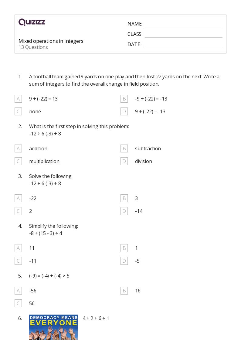 Mixed operations in Integers - Printable Mixed-operations Worksheets Grade 7 - Quizizz