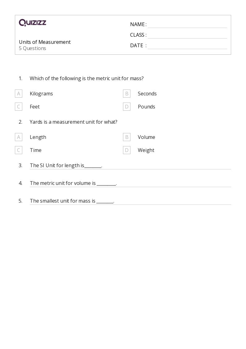 Units of Measurement - Printable Units-of-measurement Worksheets Grade 7 - Quizizz