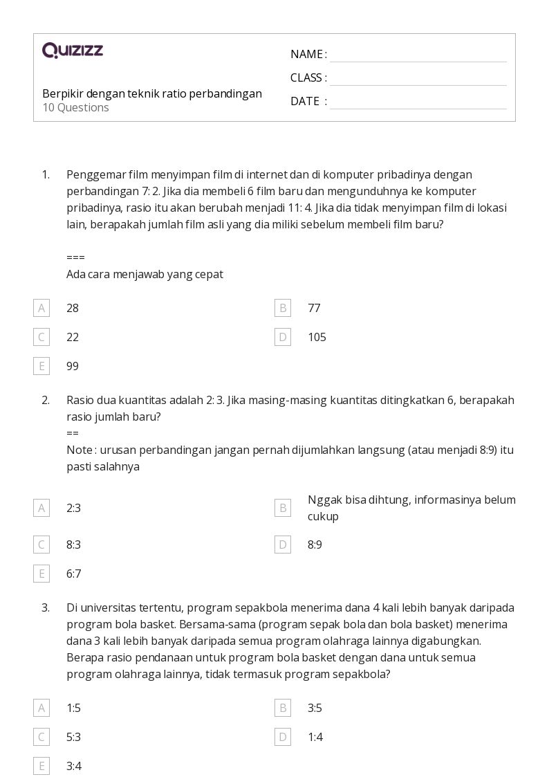 Berpikir dengan teknik ratio perbandingan - Dapat dicetak Persen-rasio-dan-tarif Lembar-kerja Kelas 3 - Quizizz