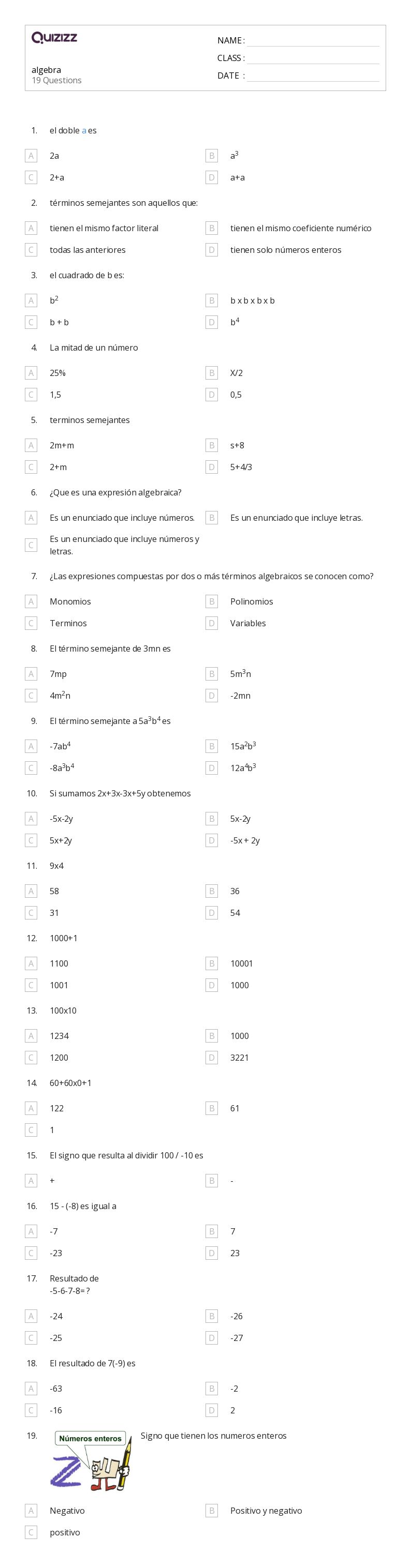 algebra - Printable Class 1 Worksheets - Quizizz