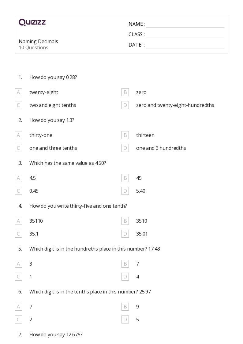 Naming Decimals - Printable Decimal-numbers Worksheets Grade 3 - Quizizz