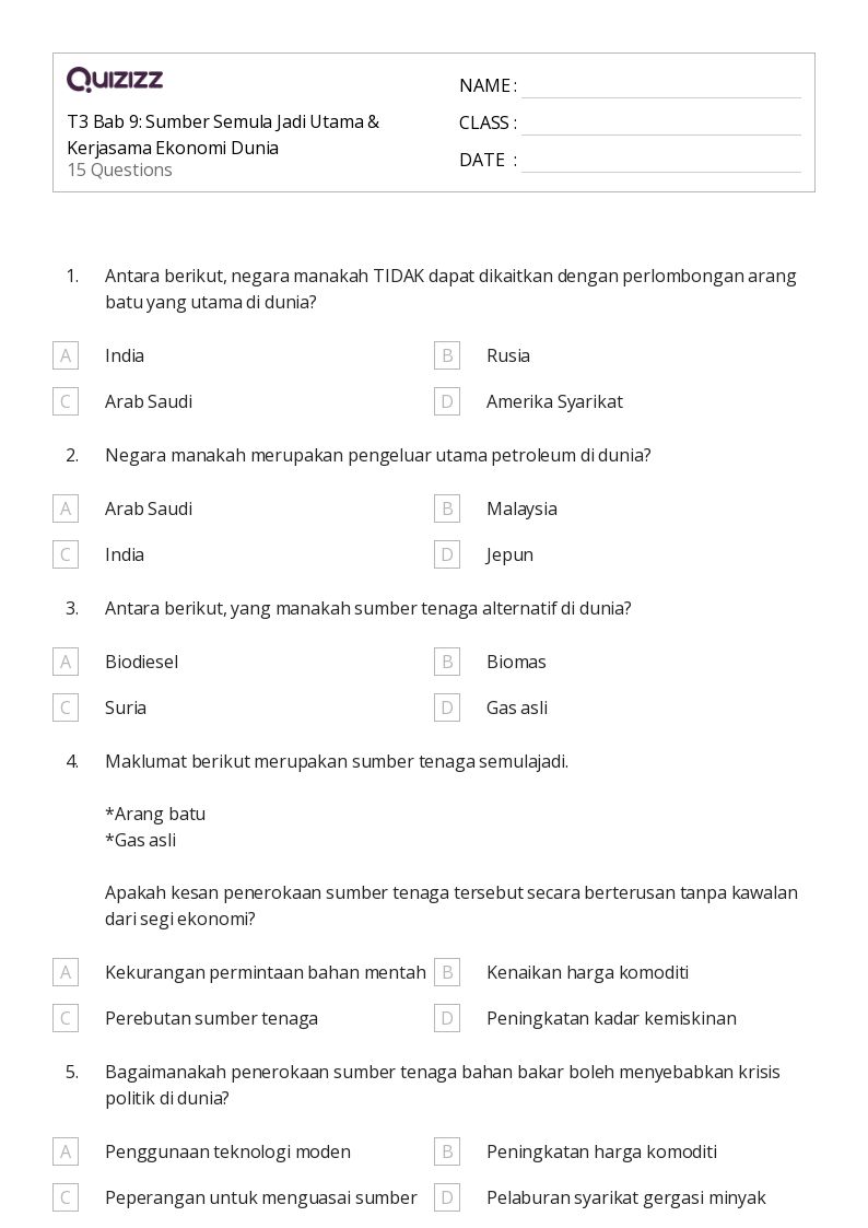 T3 Bab 9: Sumber Semula Jadi Utama & Kerjasama Ekonomi Dunia - Dapat dicetak Persen-rasio-dan-tarif Lembar-kerja Kelas 3 - Quizizz