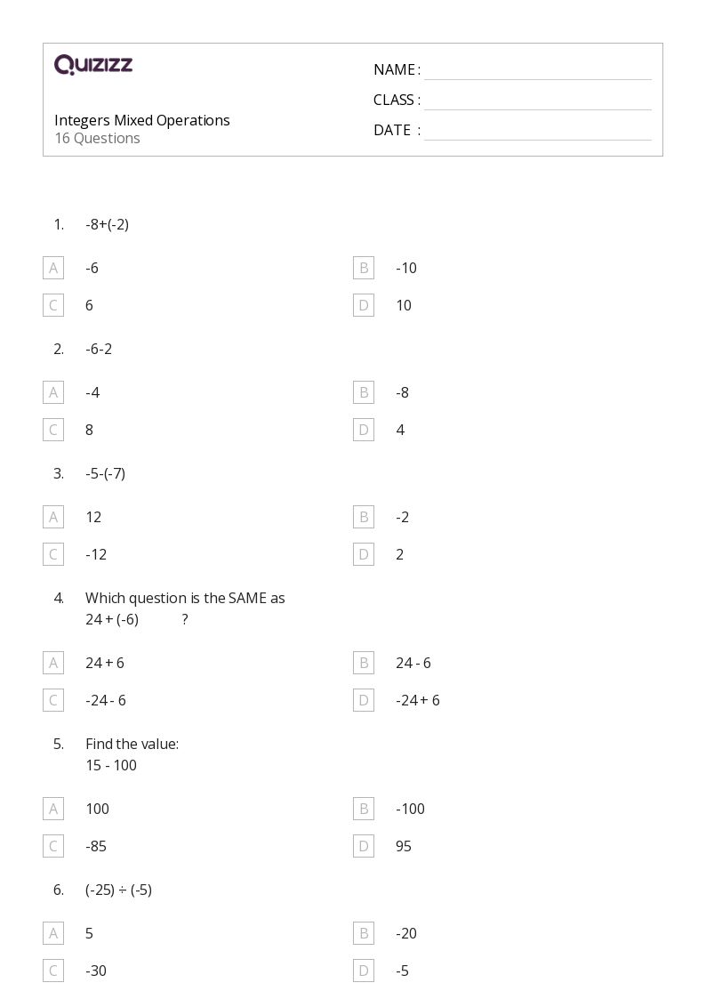 Integers Mixed Operations - Printable Mixed-operations Worksheets Grade 7 - Quizizz