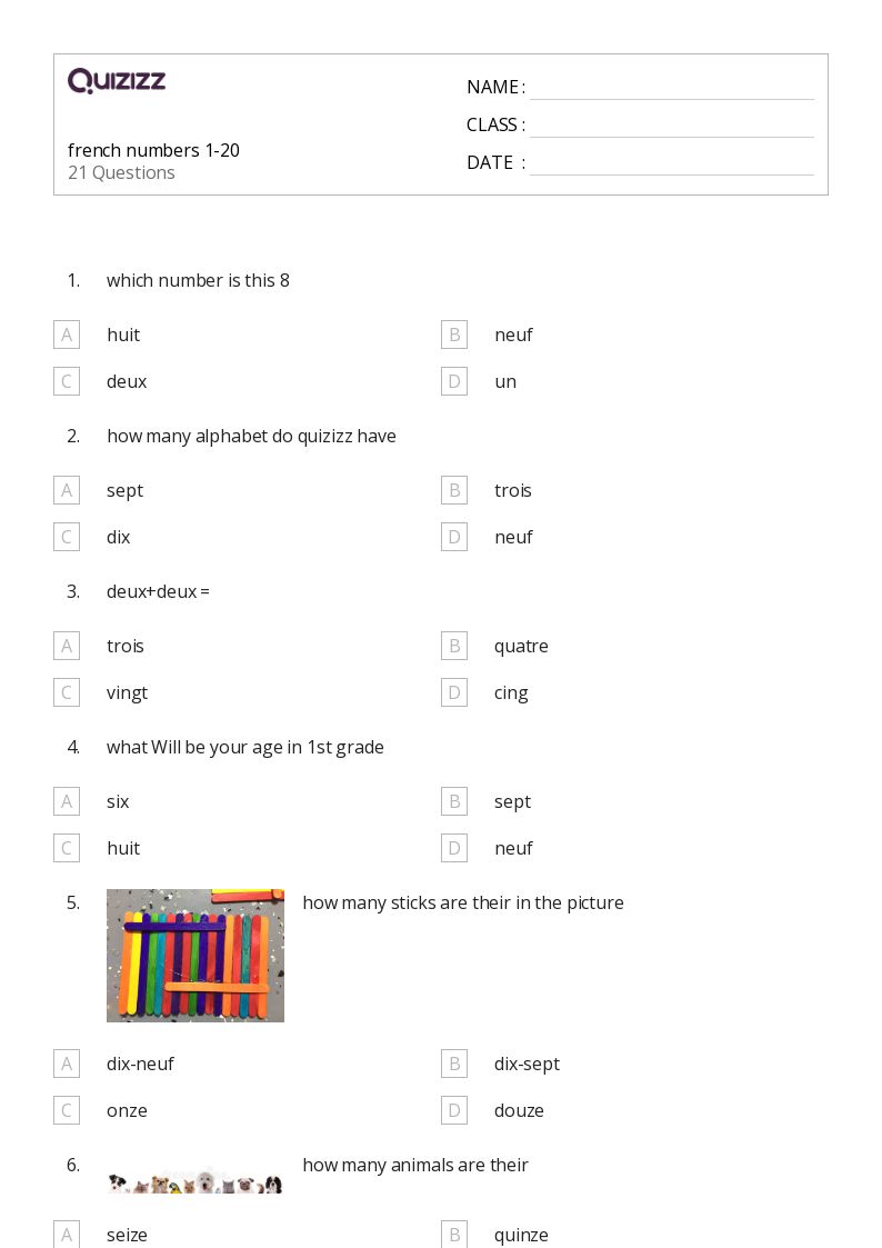 french numbers 1-20 - Printable French Worksheets Class 6 - Quizizz