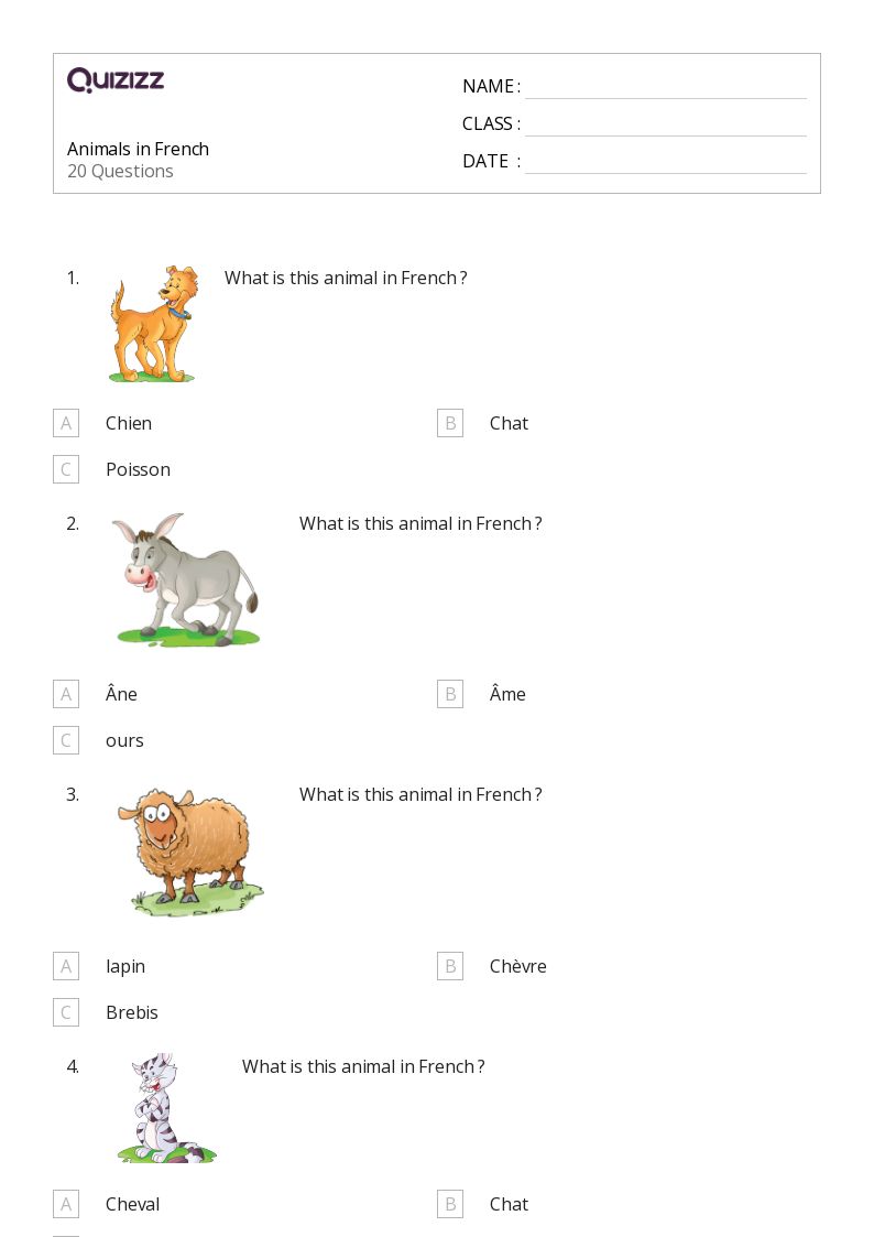 Animals in French - Printable French Worksheets Class 6 - Quizizz