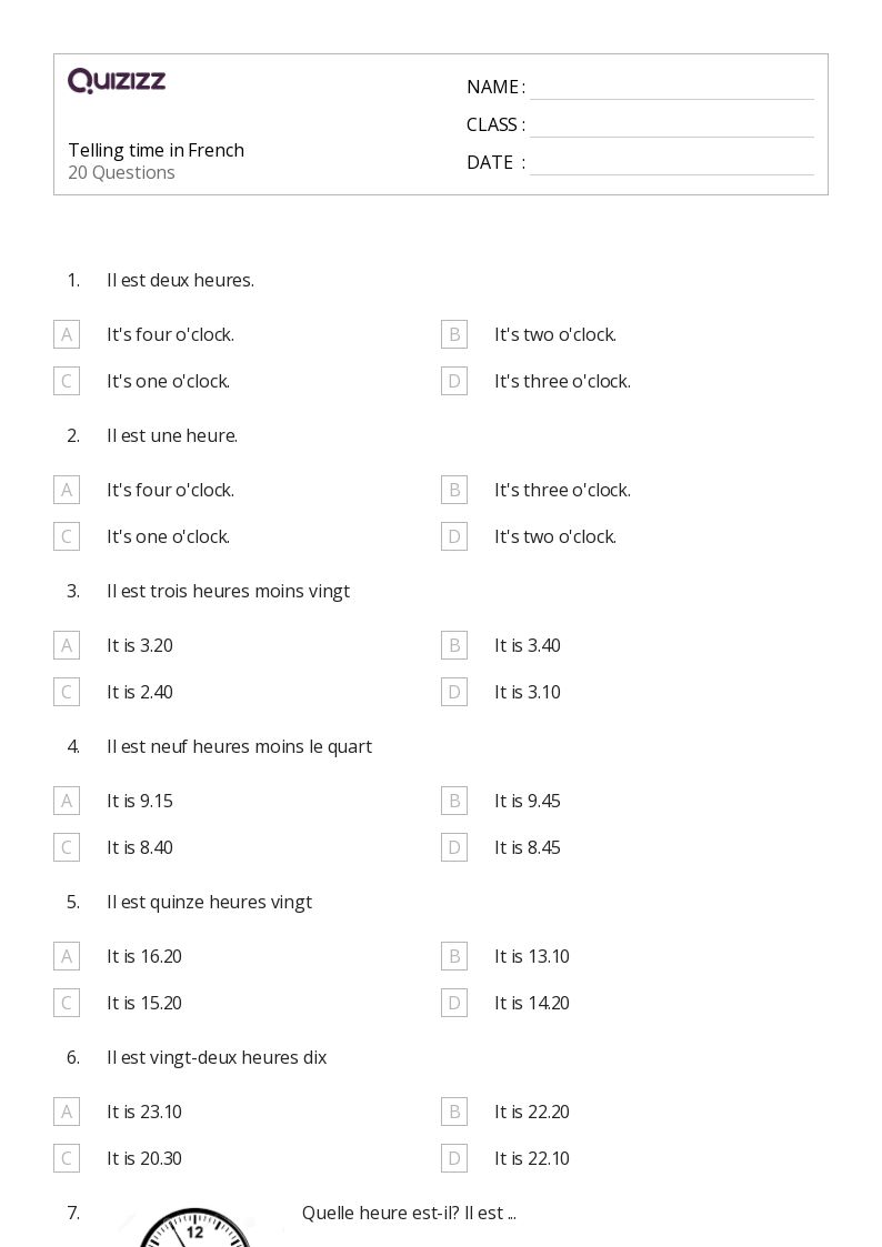 Telling time in French - Printable French Worksheets Class 6 - Quizizz