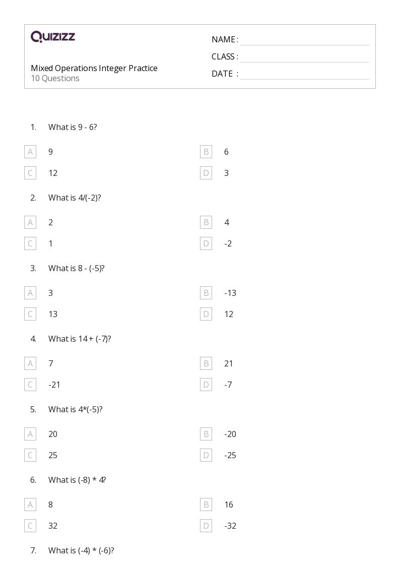 Mixed Operations Integer Practice - Printable Mixed-operations Worksheets Grade 7 - Quizizz