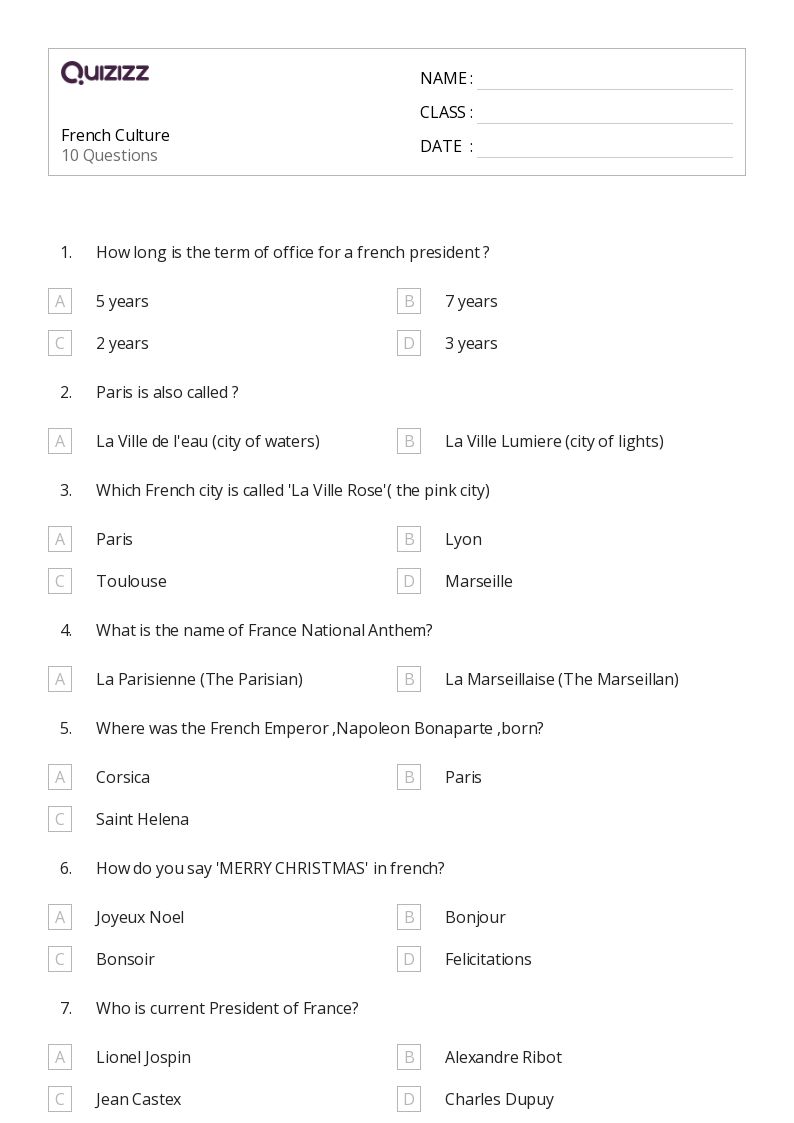 French Culture - Printable French Worksheets Class 6 - Quizizz