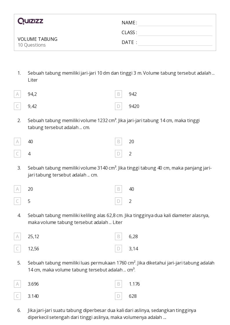 VOLUME TABUNG - Dapat dicetak Luas-dan-keliling Lembar-kerja Kelas 9 - Quizizz