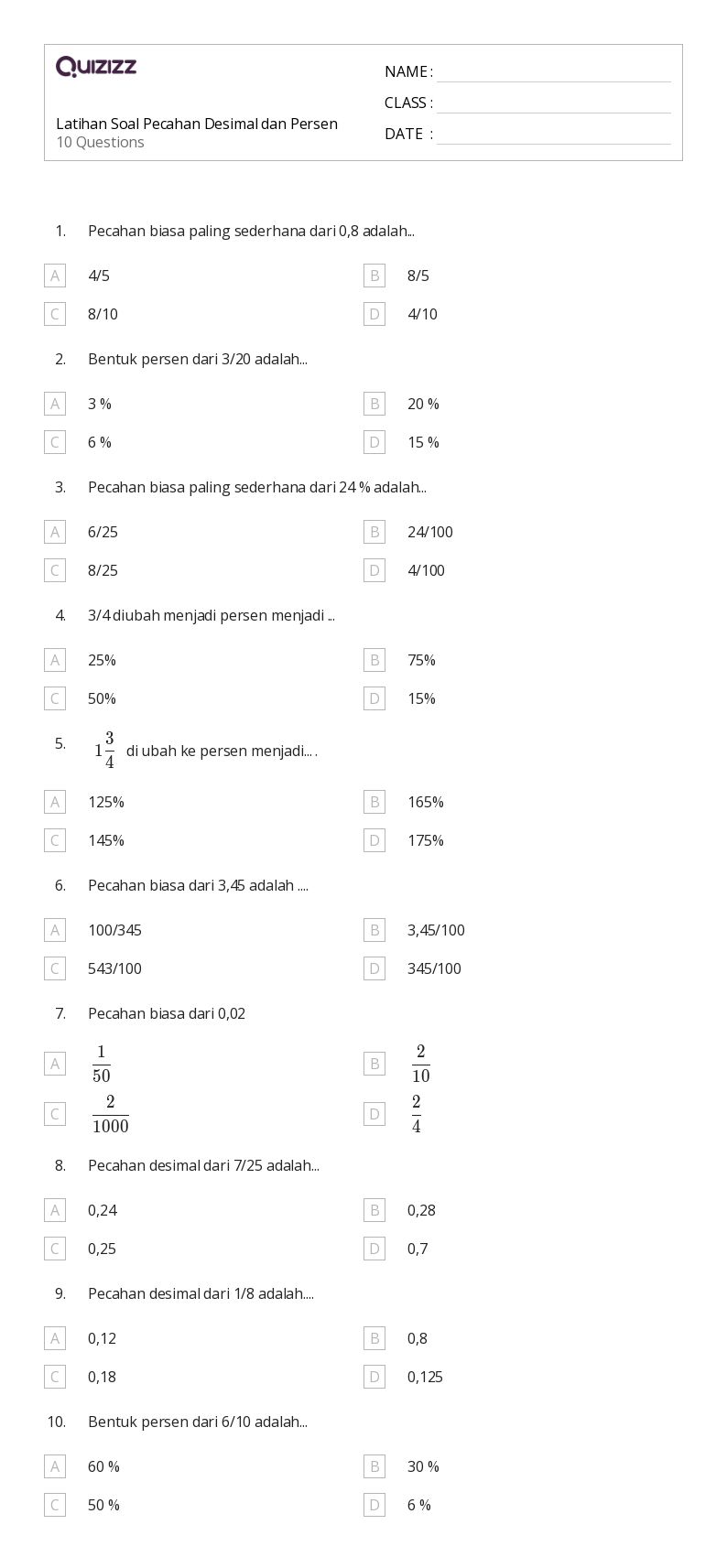 Latihan Soal Pecahan Desimal dan Persen - Dapat dicetak Persen-rasio-dan-tarif Lembar-kerja Kelas 3 - Quizizz