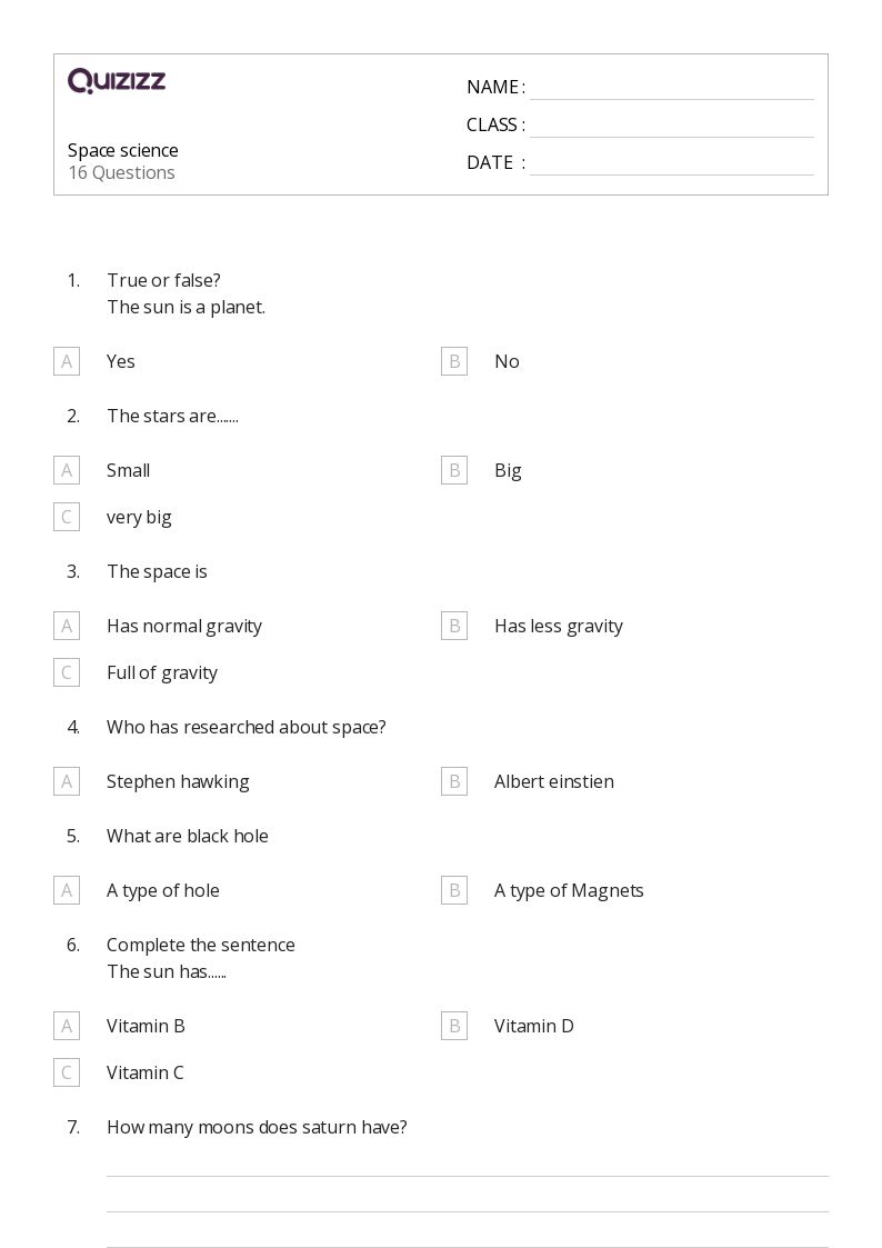 Space science - Printable Class 1 Worksheets - Quizizz