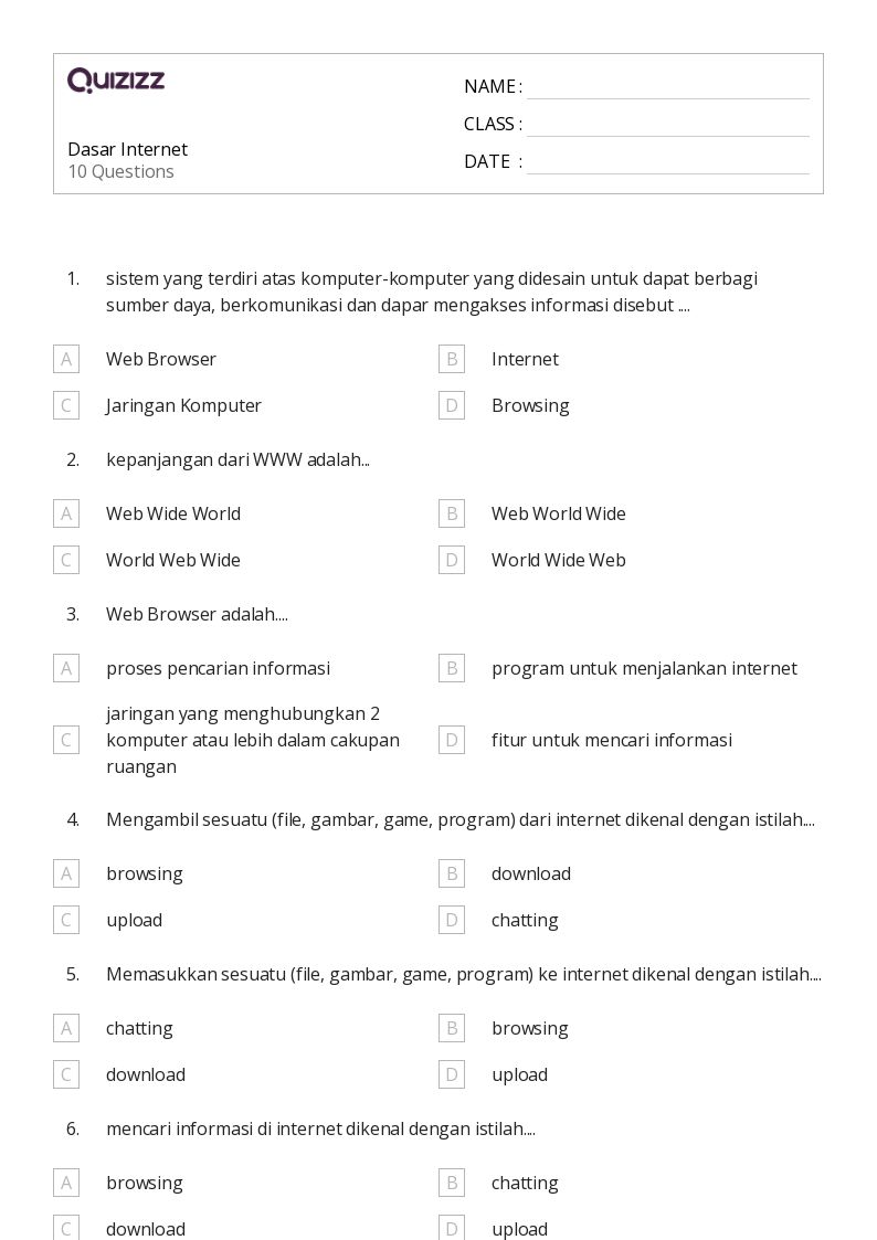 Dasar Internet - Dapat dicetak Dasar Lembar-kerja - Quizizz