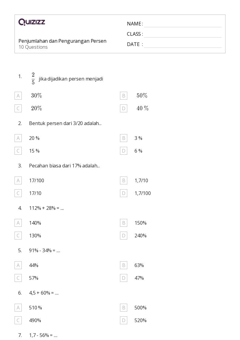 Penjumlahan dan Pengurangan Persen - Dapat dicetak Persen-rasio-dan-tarif Lembar-kerja Kelas 3 - Quizizz