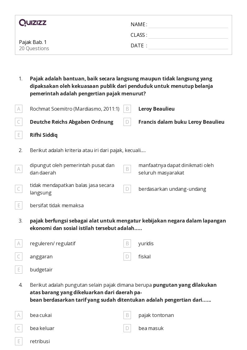 Pajak Bab. 1 - Dapat dicetak Persen-rasio-dan-tarif Lembar-kerja Kelas 3 - Quizizz