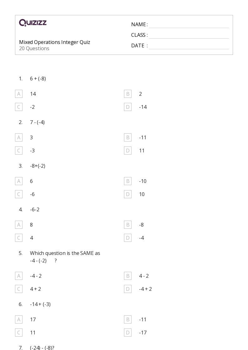 Mixed Operations Integer Quiz - Printable Mixed-operations Worksheets Grade 7 - Quizizz