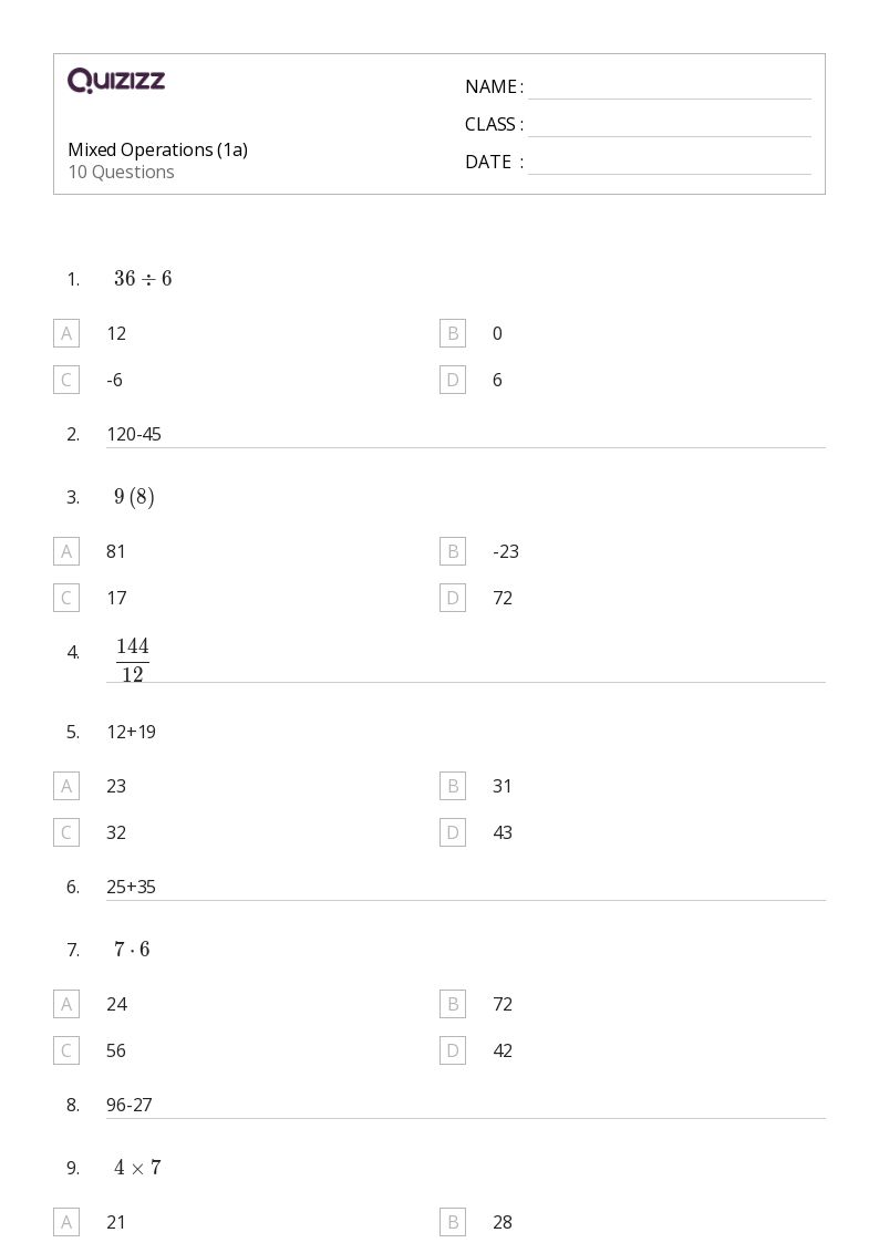 Mixed Operations (1a) - Printable Mixed-operations Worksheets Grade 7 - Quizizz