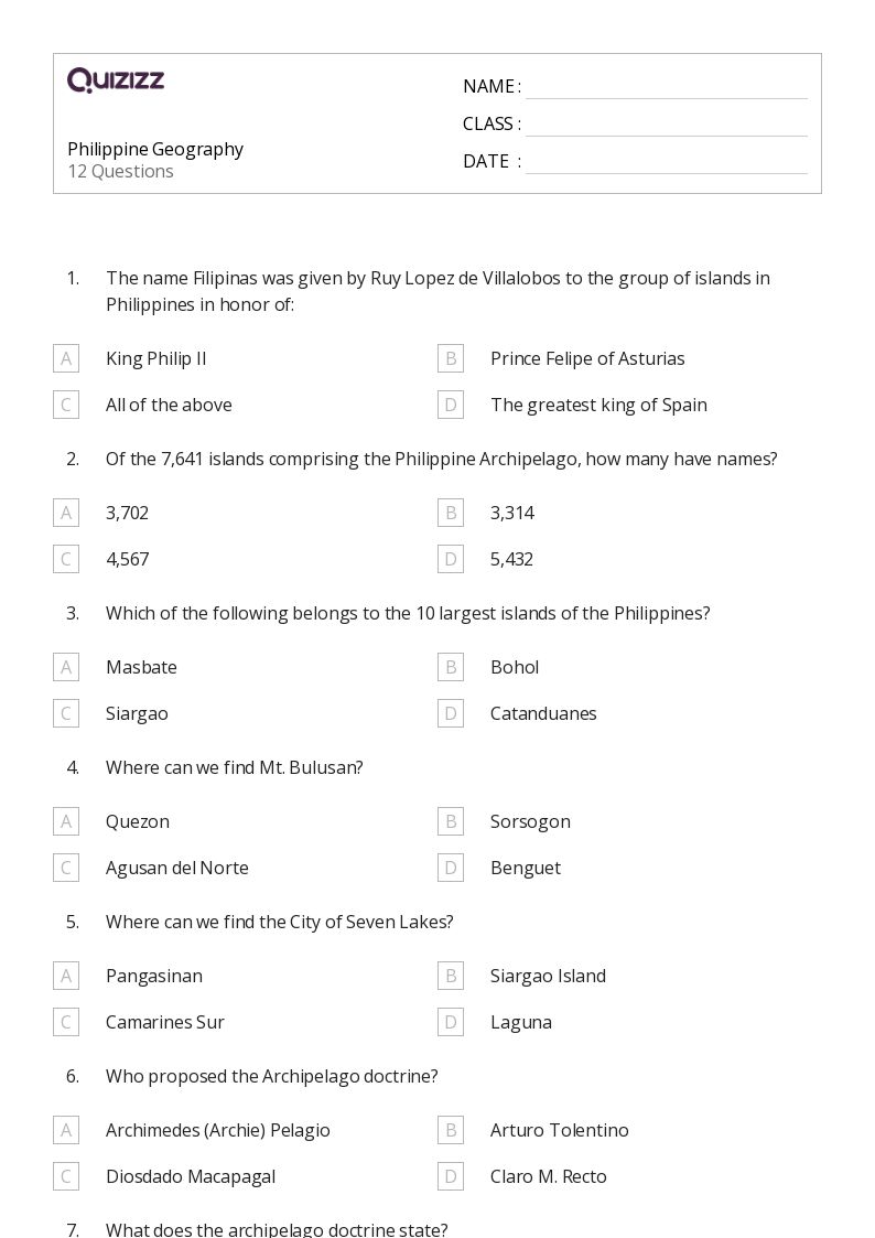 Philippine Geography - Printable Class 1 Worksheets - Quizizz