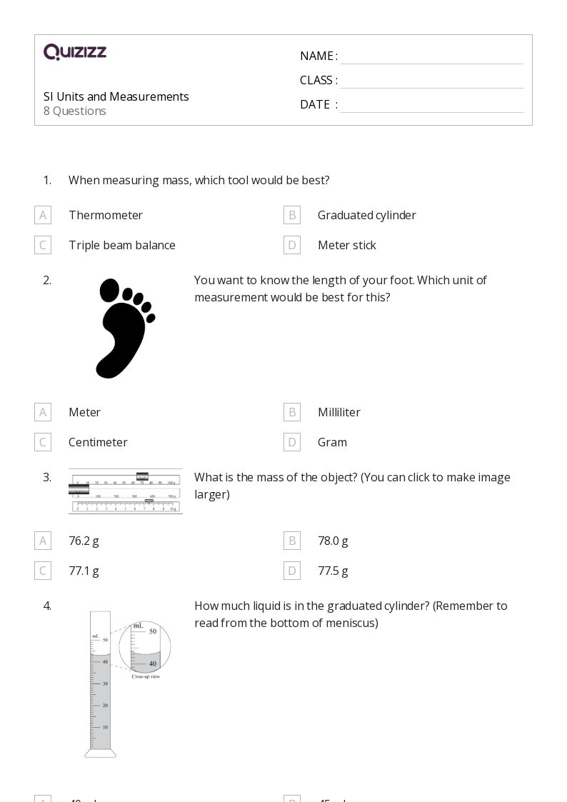 SI Units and Measurements - Printable Science Worksheets Year 8 - Quizizz