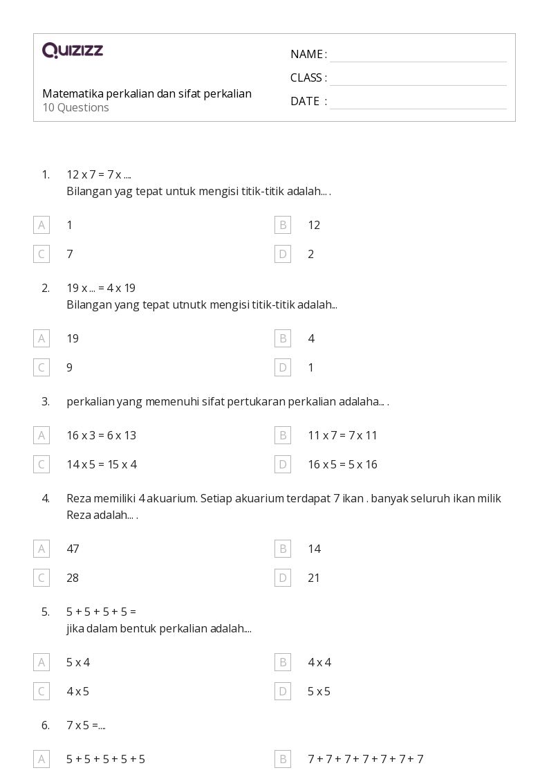 Matematika perkalian dan sifat perkalian - Dapat dicetak Sifat-perkalian Lembar-kerja - Quizizz