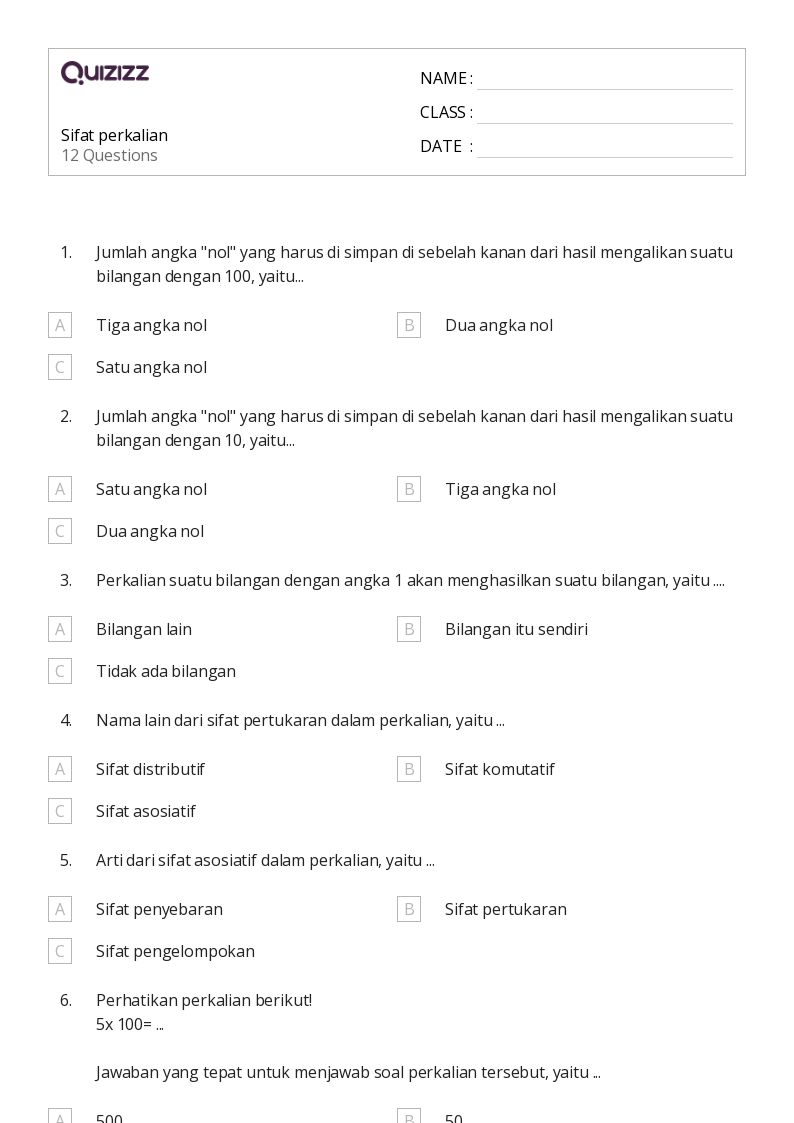 Sifat perkalian - Dapat dicetak Sifat-perkalian Lembar-kerja Kelas 3 - Quizizz