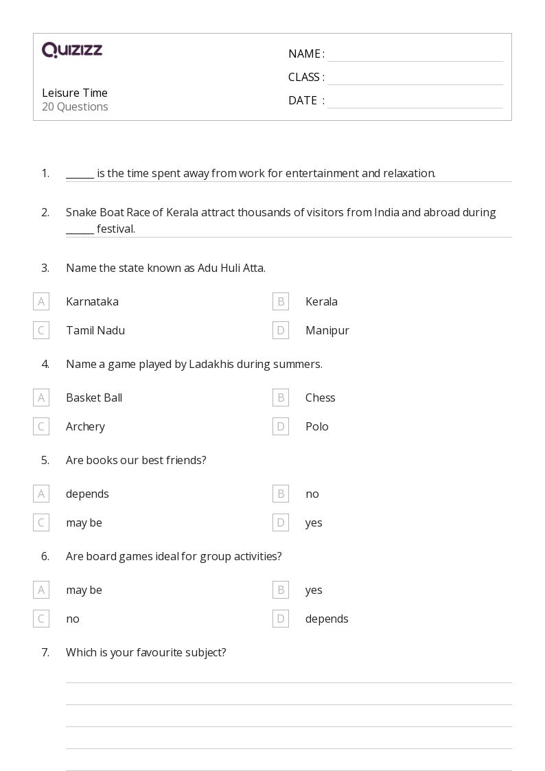 Leisure Time - Printable Class 1 Worksheets - Quizizz