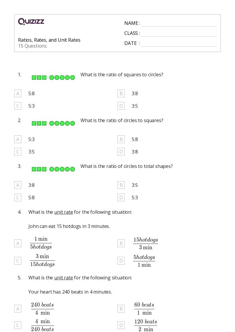 Ratios, Rates, and Unit Rates - Printable Percents-ratios-and-rates Worksheets Grade 8 - Quizizz