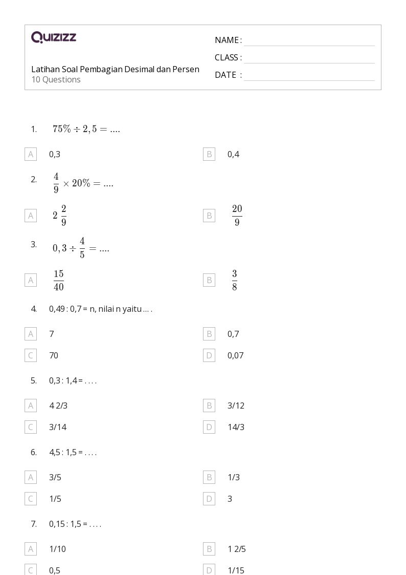 Latihan Soal Pembagian Desimal dan Persen - Dapat dicetak Persen-rasio-dan-tarif Lembar-kerja Kelas 3 - Quizizz