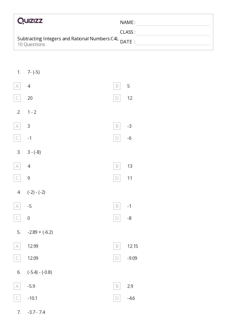 Subtracting Integers and Rational Numbers C4L - Printable Integers-and-rational-numbers Worksheets Grade 8 - Quizizz