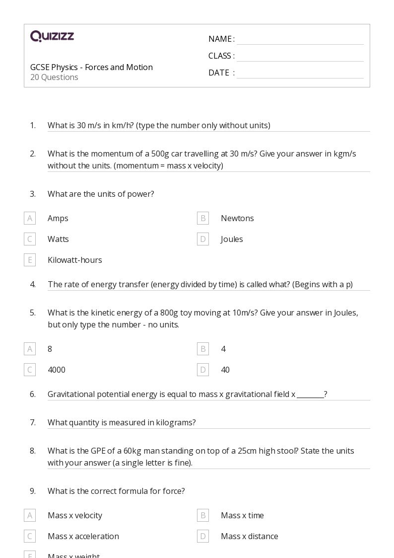 GCSE Physics - Forces and Motion - Imprimible Forces-and-motion Worksheets - Quizizz