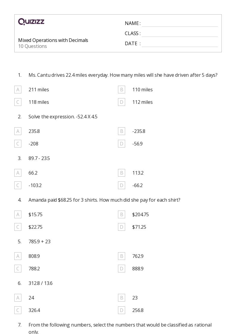 Mixed Operations with Decimals - Printable Mixed-operations Worksheets Grade 7 - Quizizz