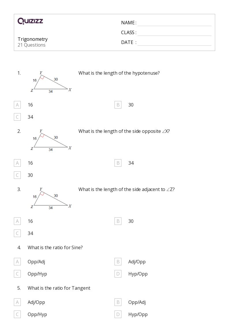 Trigonometry - Printable Trigonometry Worksheets Class 9 - Quizizz