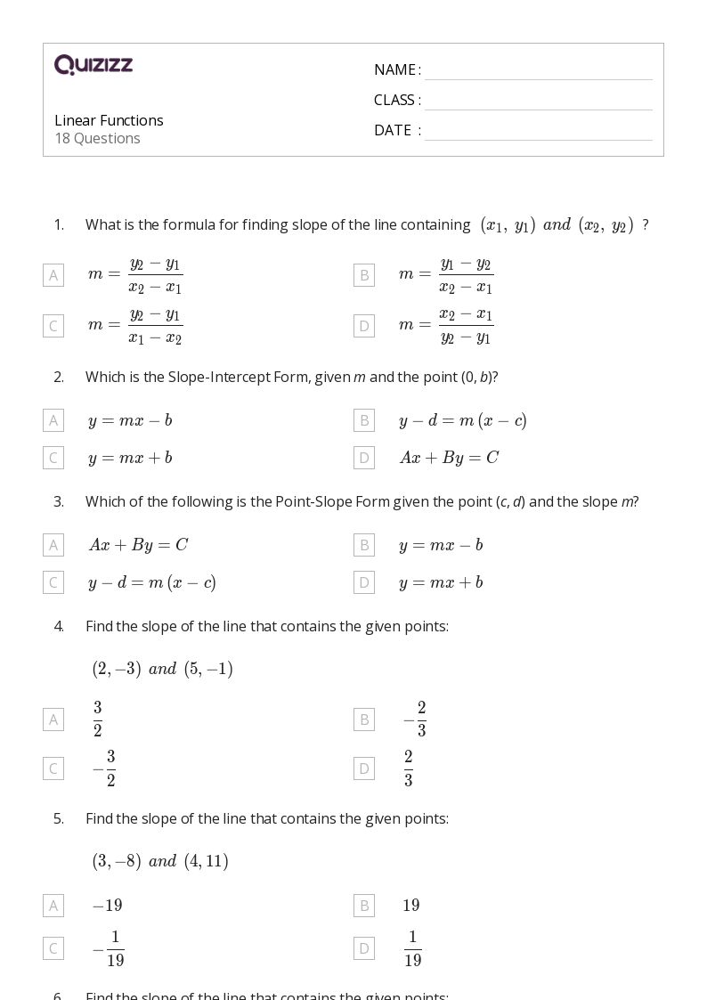 Linear Functions - Printable Linear-functions Worksheets Grade 9 - Quizizz