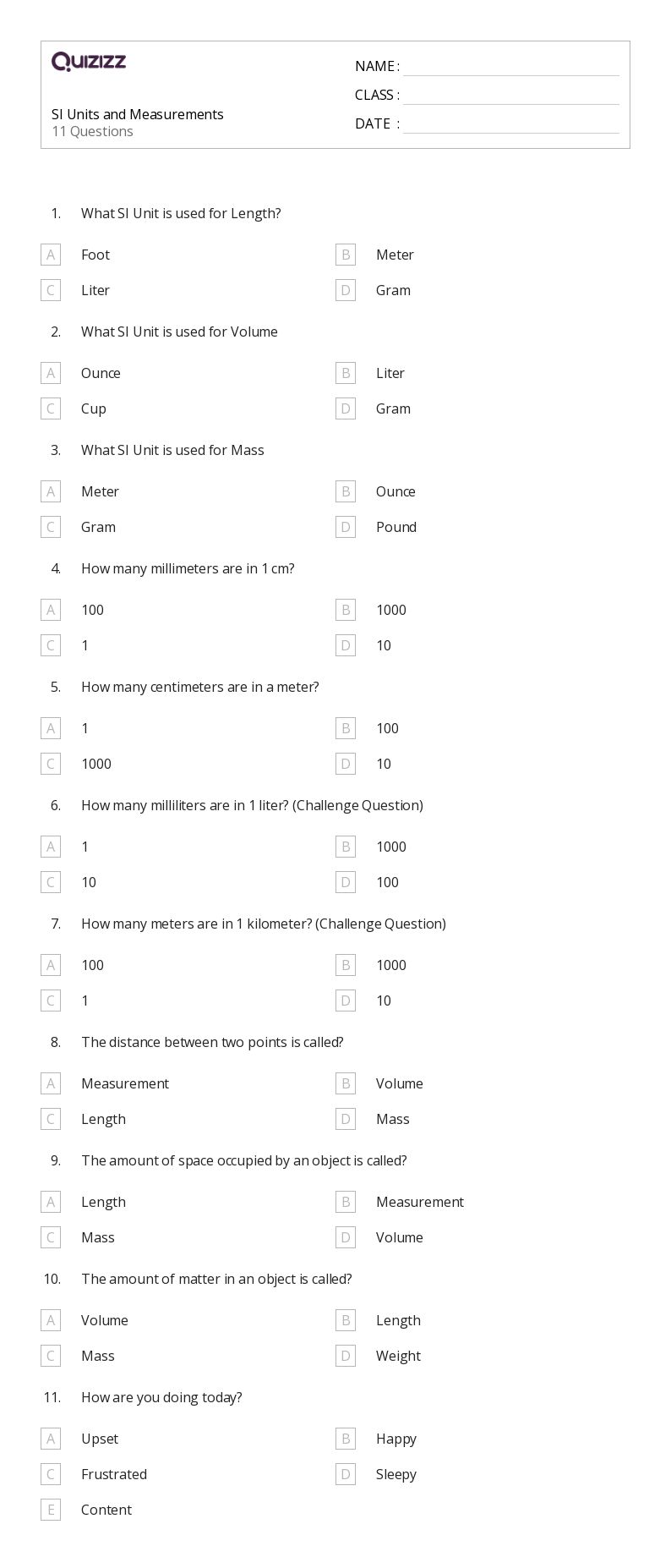 SI Units and Measurements - Printable Science Worksheets Year 8 - Quizizz