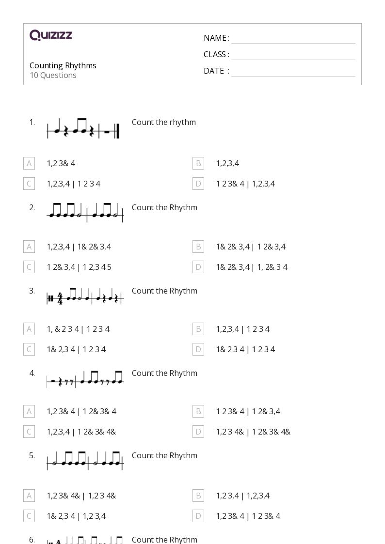 Counting Rhythms - Printable Skip-counting Worksheets Grade 8 - Quizizz