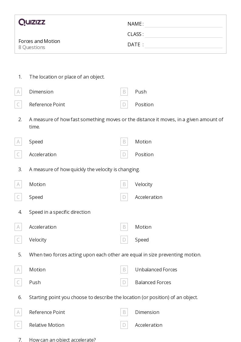 Forces and Motion - Imprimible Forces-and-motion Worksheets - Quizizz