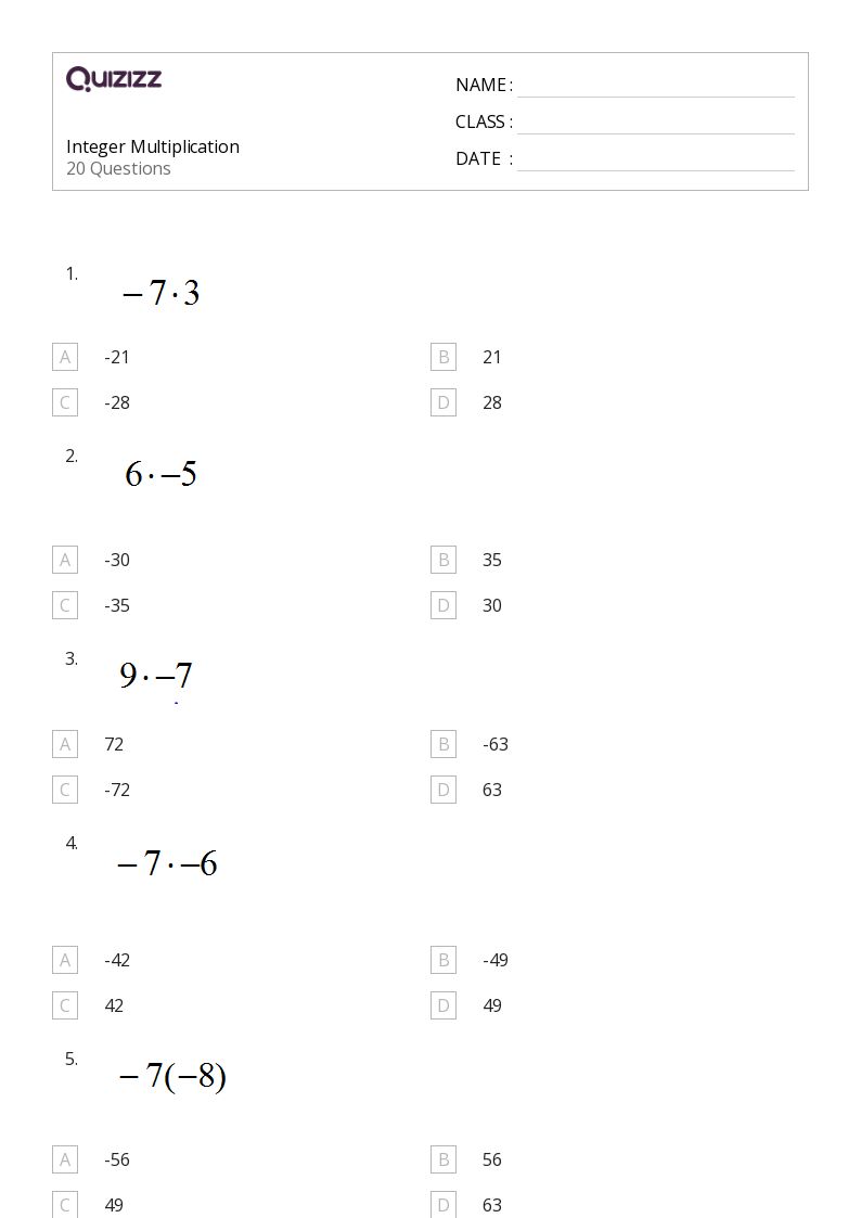 Integer Multiplication - Printable Multiplication Worksheets Grade 8 - Quizizz