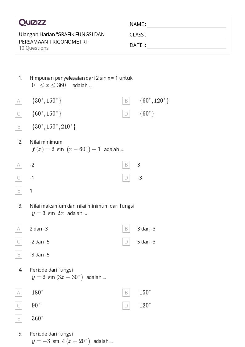 Ulangan Harian "GRAFIK FUNGSI DAN PERSAMAAN TRIGONOMETRI" - Dapat dicetak Grafik-fungsi Lembar-kerja - Quizizz