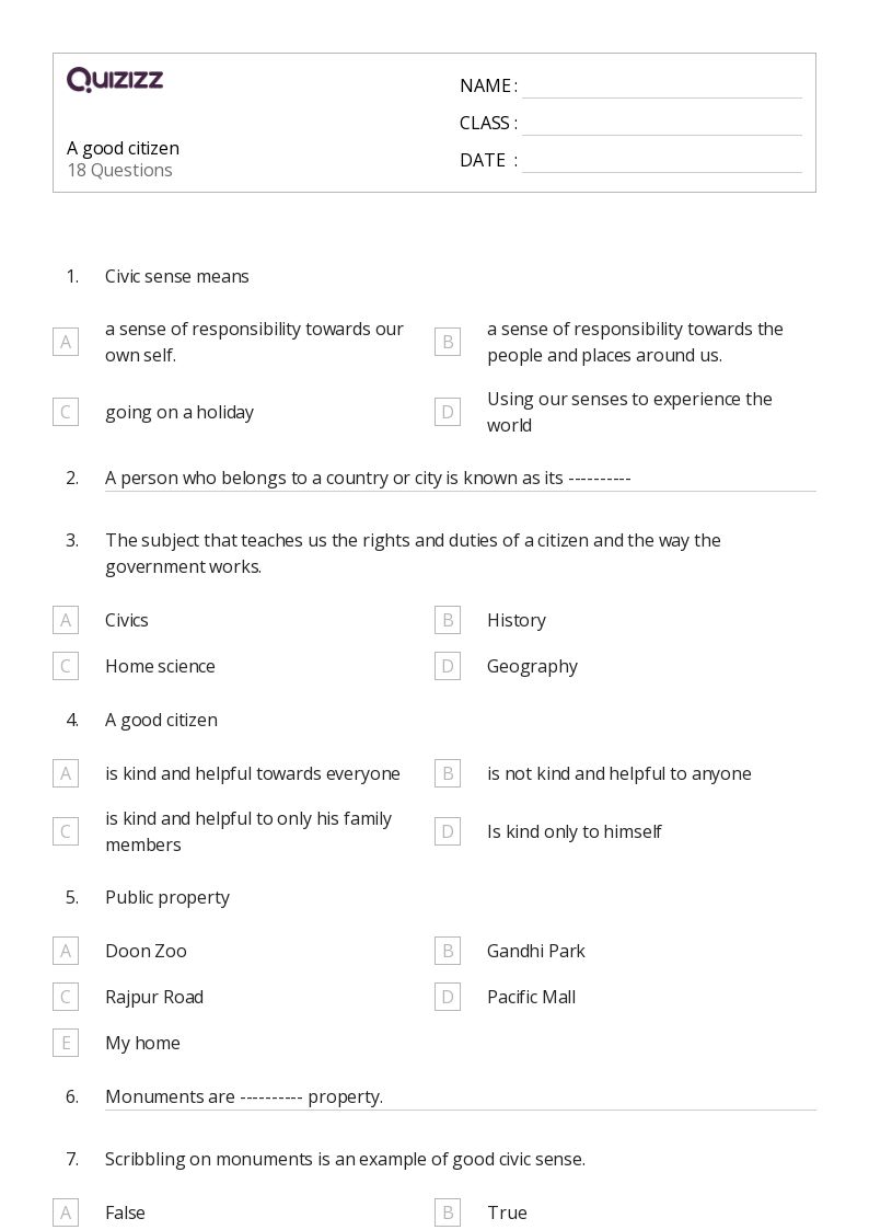 A good citizen - Printable Class 1 Worksheets - Quizizz