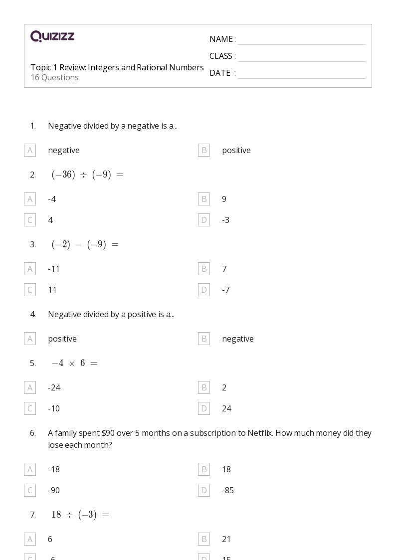 Topic 1 Review: Integers and Rational Numbers - Printable Integers-and-rational-numbers Worksheets Grade 8 - Quizizz