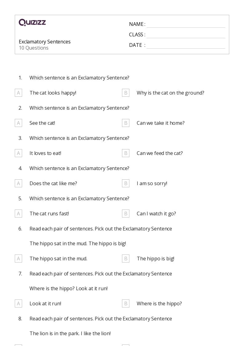 Exclamatory Sentences - Printable Class 1 Worksheets - Quizizz