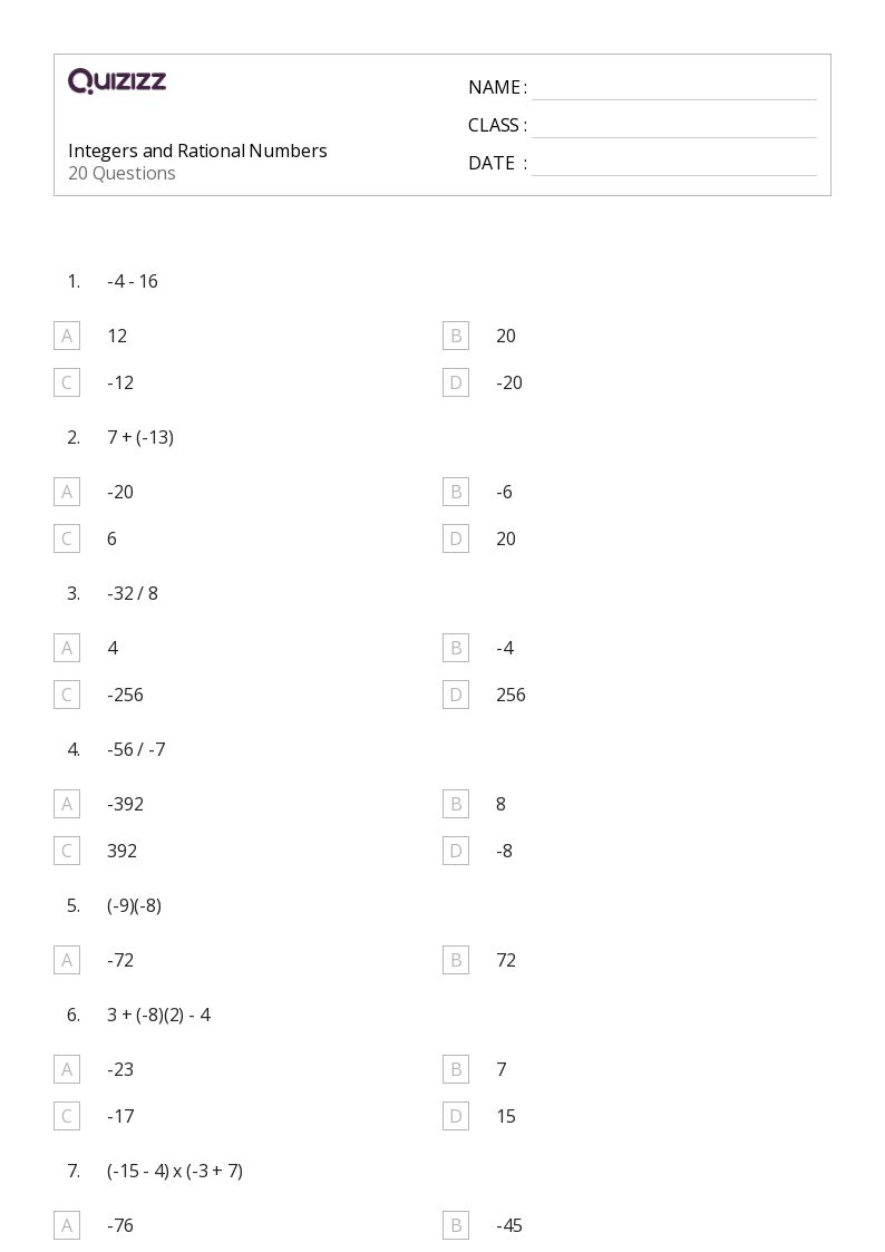 Integers and Rational Numbers - Printable Integers-and-rational-numbers Worksheets Grade 8 - Quizizz