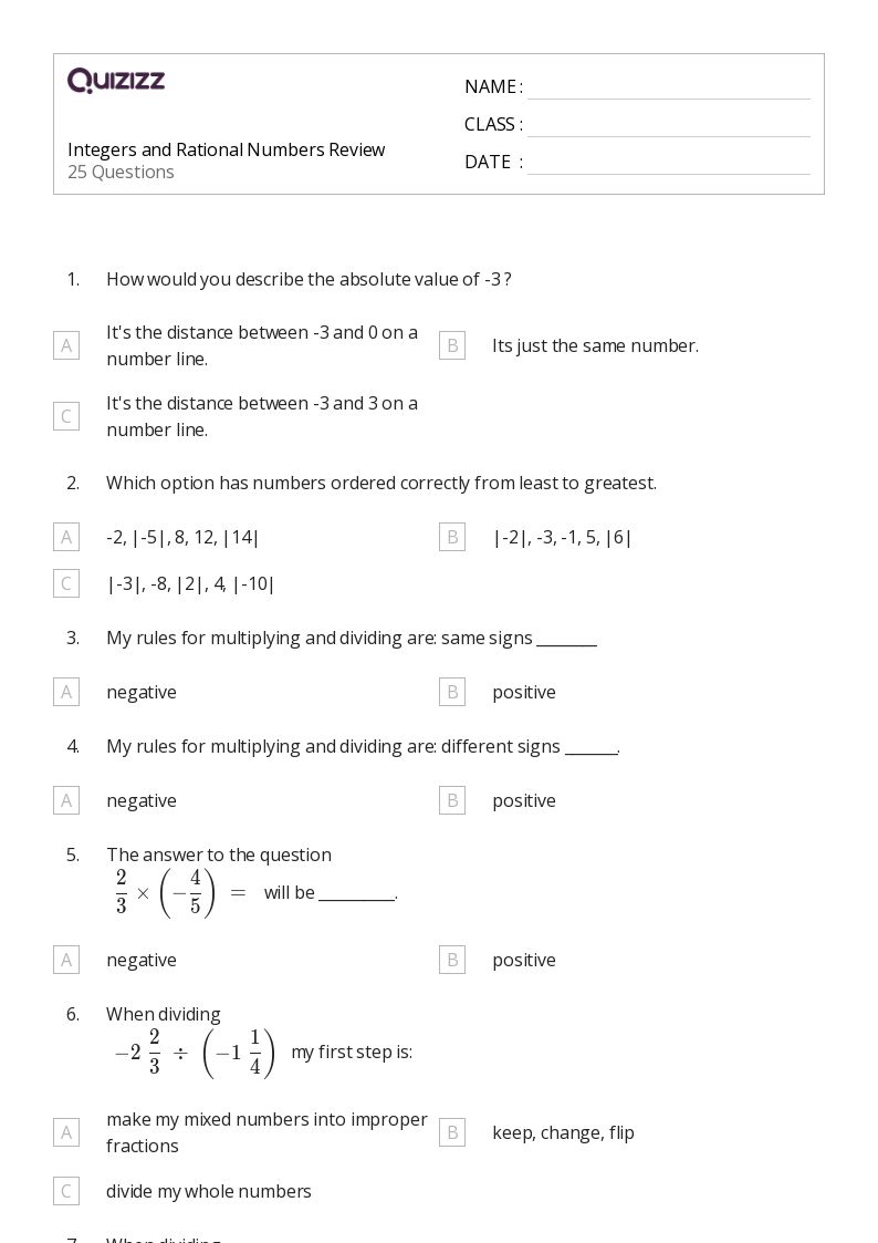 Integers and Rational Numbers Review - Printable Integers-and-rational-numbers Worksheets Grade 8 - Quizizz