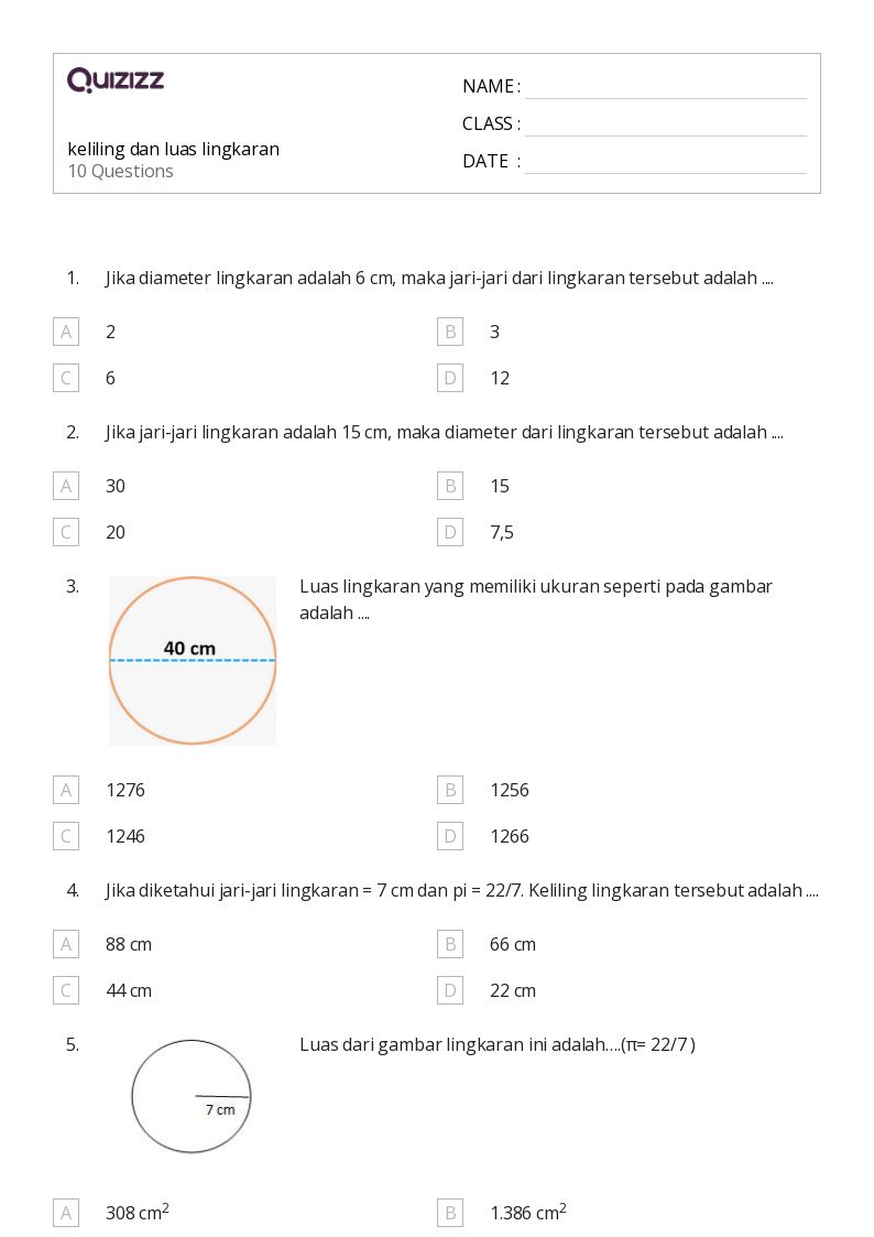 keliling dan luas lingkaran - Dapat dicetak Luas-dan-keliling Lembar-kerja Kelas 9 - Quizizz