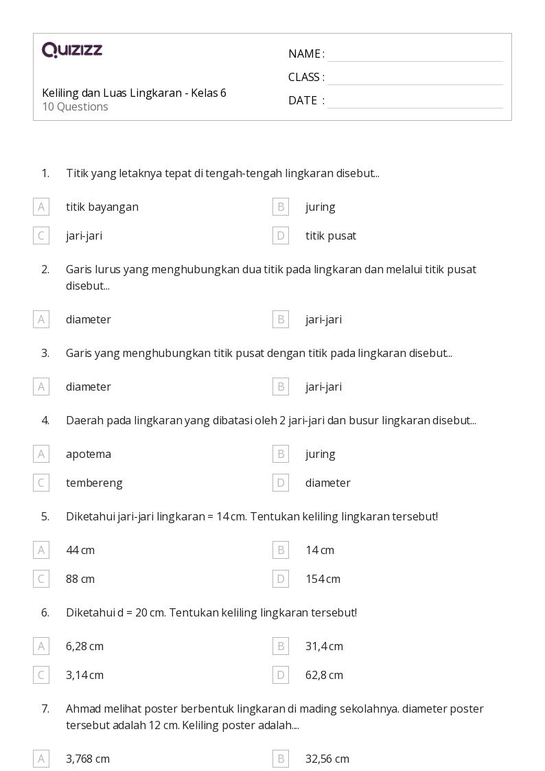 Keliling dan Luas Lingkaran - Kelas 6 - Dapat dicetak Luas-dan-keliling Lembar-kerja Kelas 9 - Quizizz