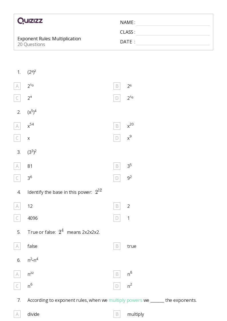 Exponent Rules: Multiplication - Printable Multiplication Worksheets Grade 8 - Quizizz