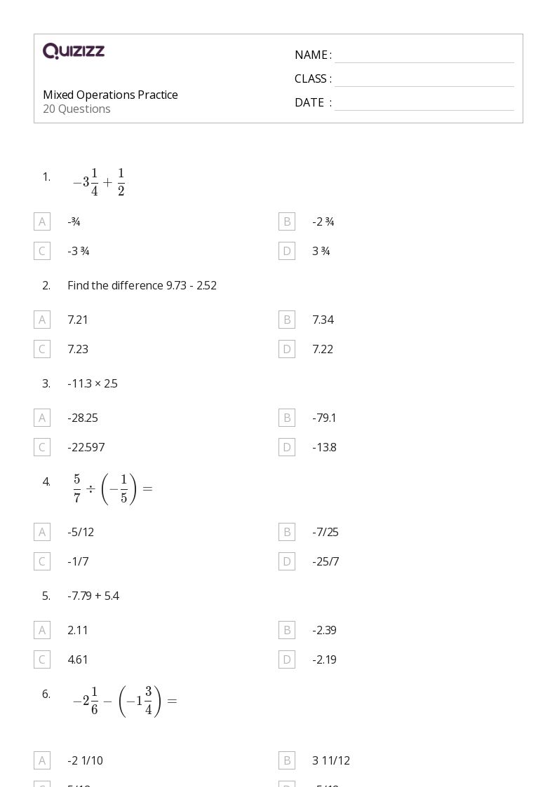 Mixed Operations Practice - Printable Mixed-operations Worksheets Grade 7 - Quizizz