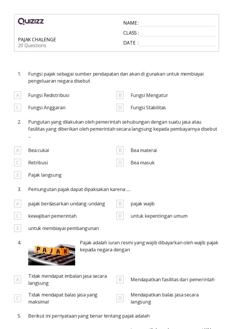 PAJAK CHALENGE - Dapat dicetak Persen-rasio-dan-tarif Lembar-kerja Kelas 3 - Quizizz